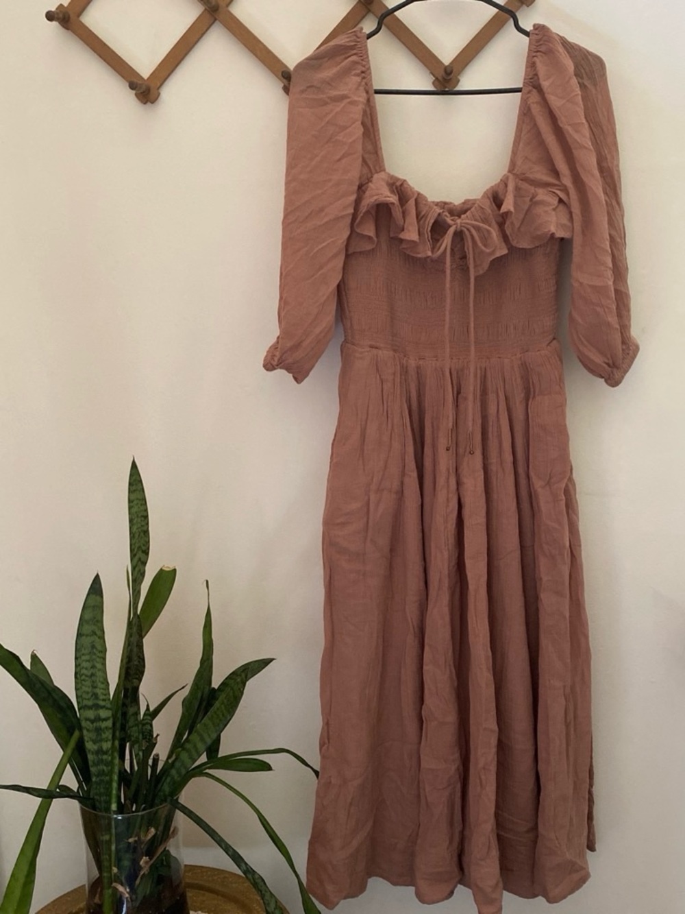 Free People Mauve Puff-Sleeve Smocked Midi Dress